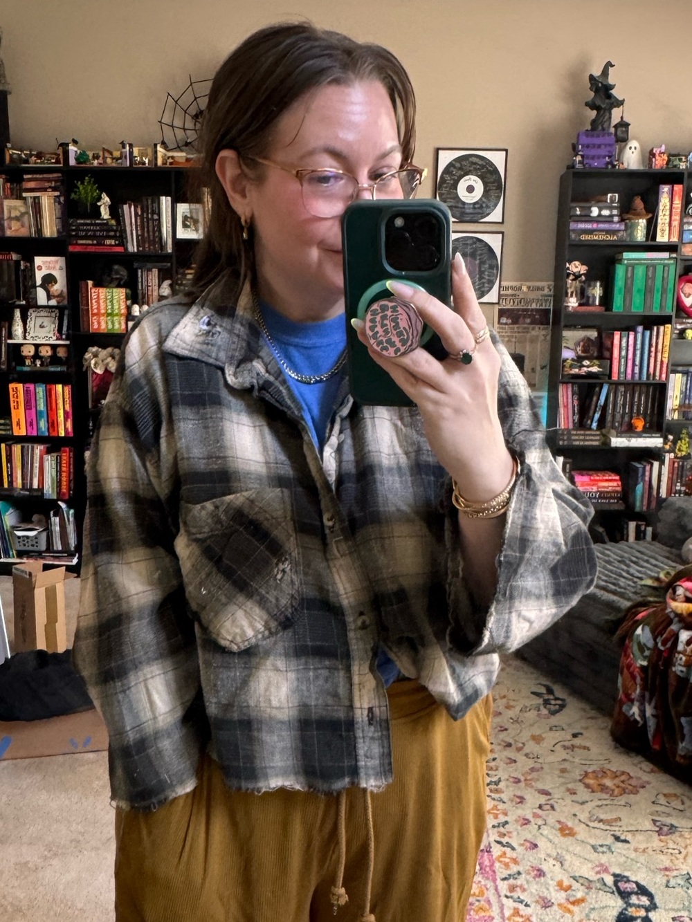 BTC Tan Black Plaid Distressed Cropped Flannel